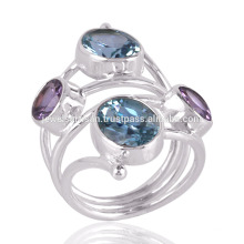 Topacio azul y amatista Anillo de piedra doble en anillo de regalo de plata esterlina